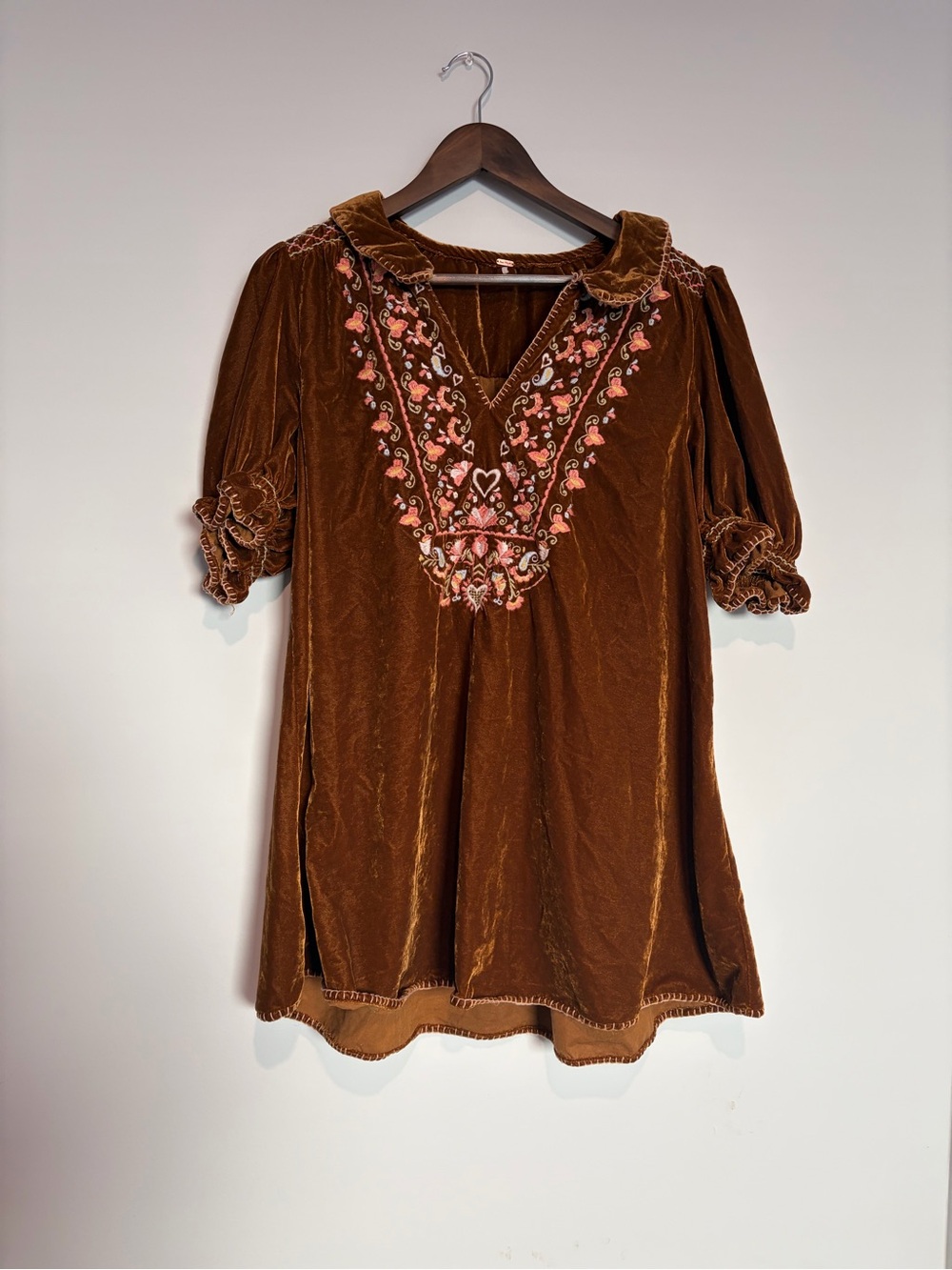 Free People Brown Velvet Embroidered Mini Dress S Boho Cottagecore